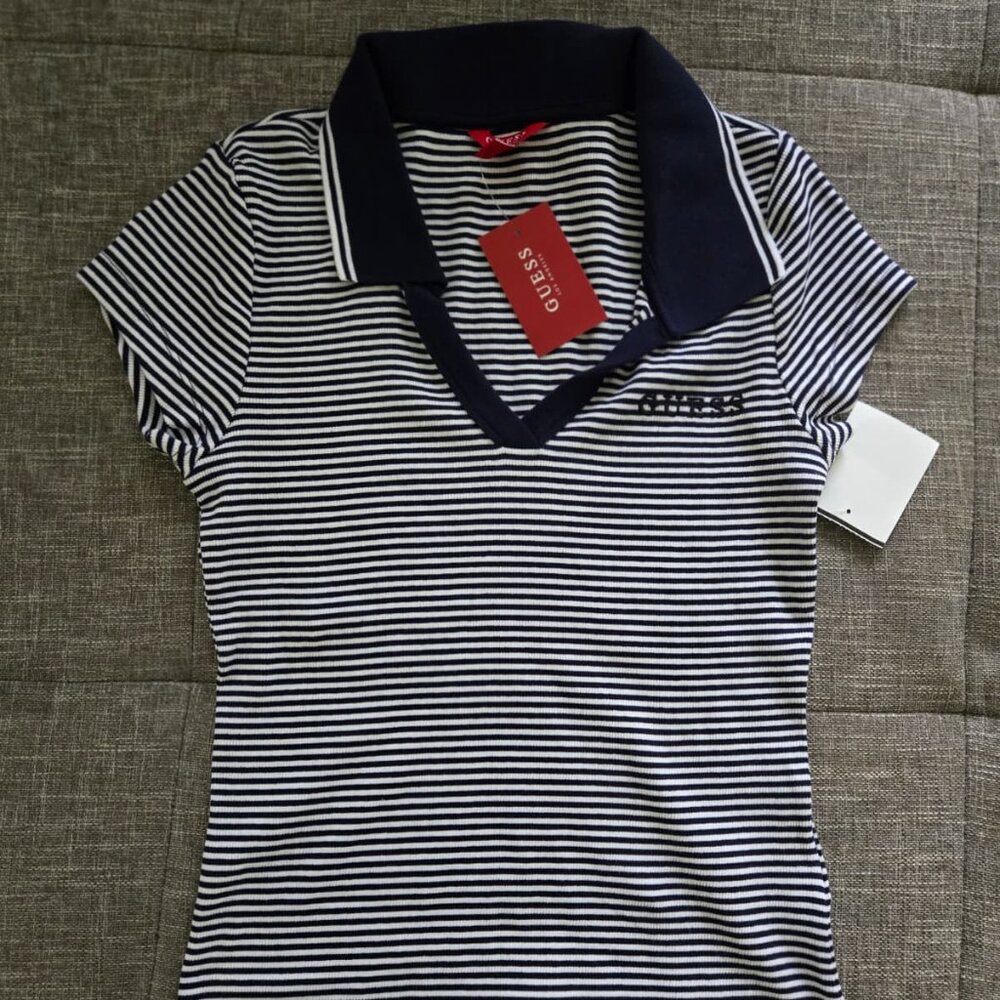 Guess Women’s Striped Polo Shirt – Navy/White – Size M